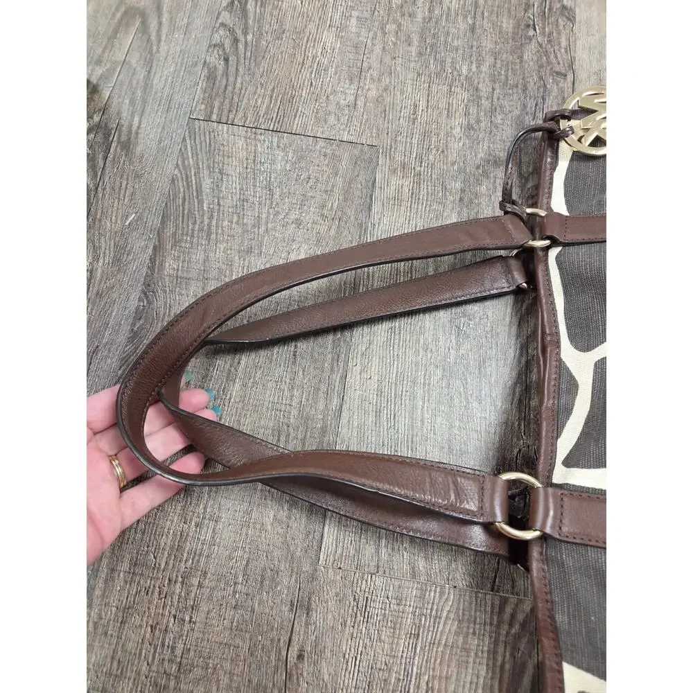 Michael Kors Tote Bag Brown Giraffe Print Canvas Shopper Shoulder Bag Purse